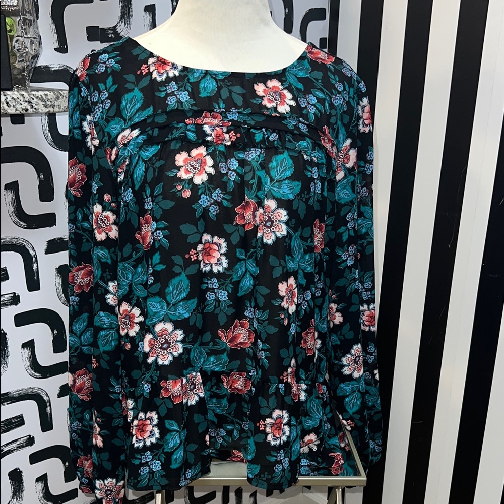 LOFT Black and Teal Floral Blouse